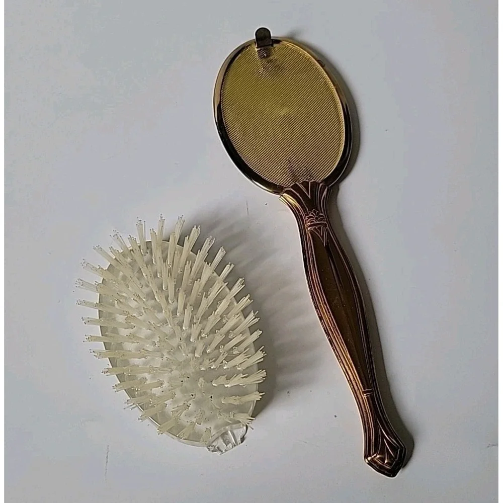 Vintage Handheld‎ Vanity Mirror Brush Set Brass Handle Ornate Floral Art Deco